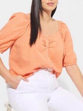 TORRID Papaya Punch Seersucker Puff Short Sleeve Button Front Crop Top NWT 2